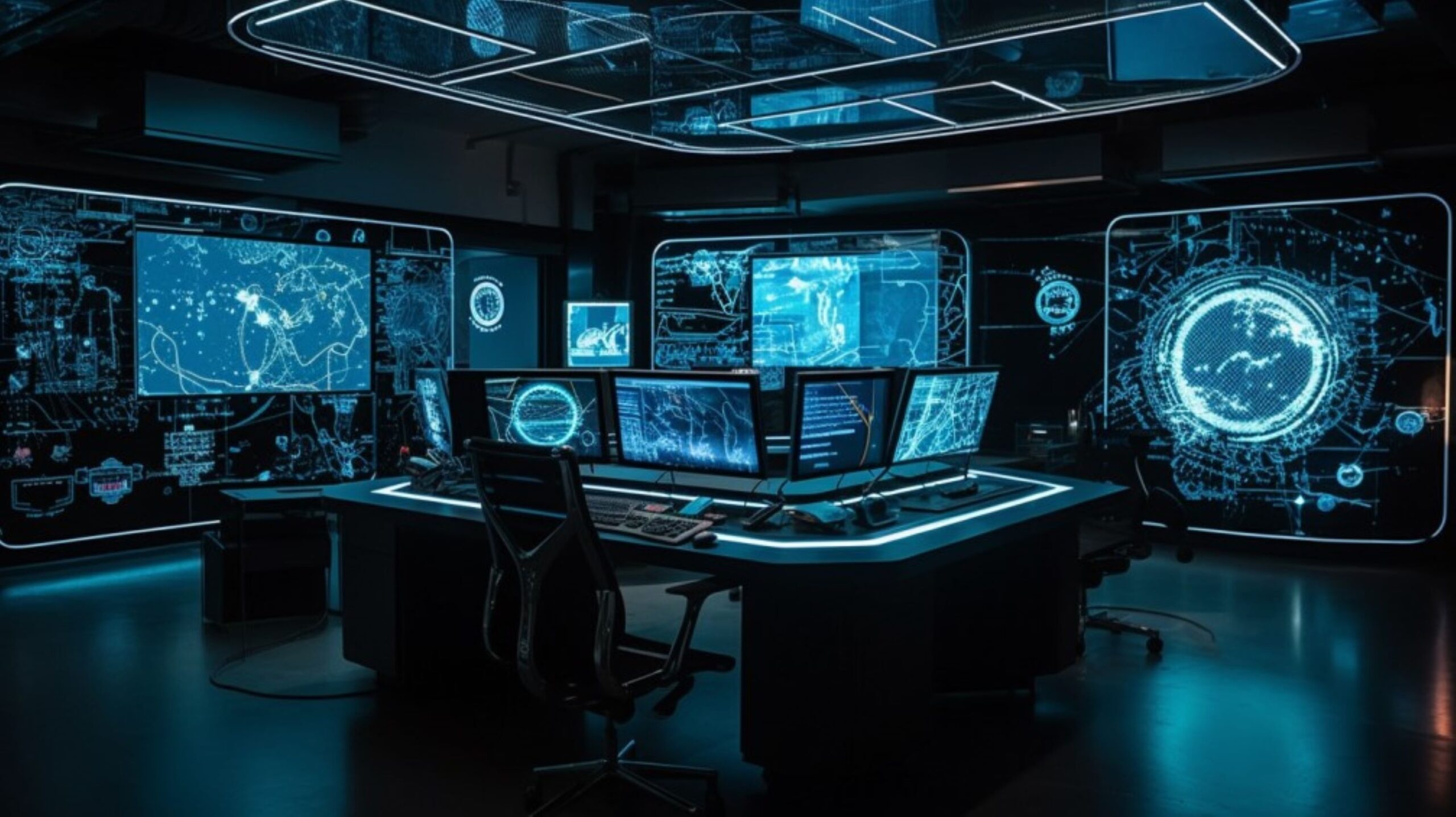 Image of a futuristic lab with servers and laptops